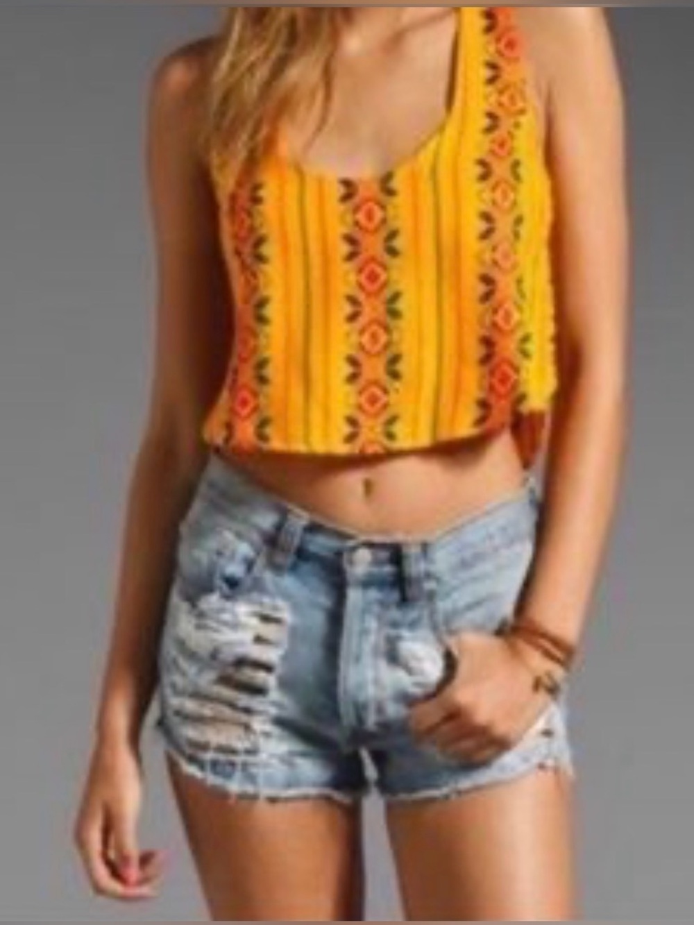 JEN’S PIRATE BOOTY X FREE PEOPLE Vibrant Yellow Woven Tank Top Embroidery Boho